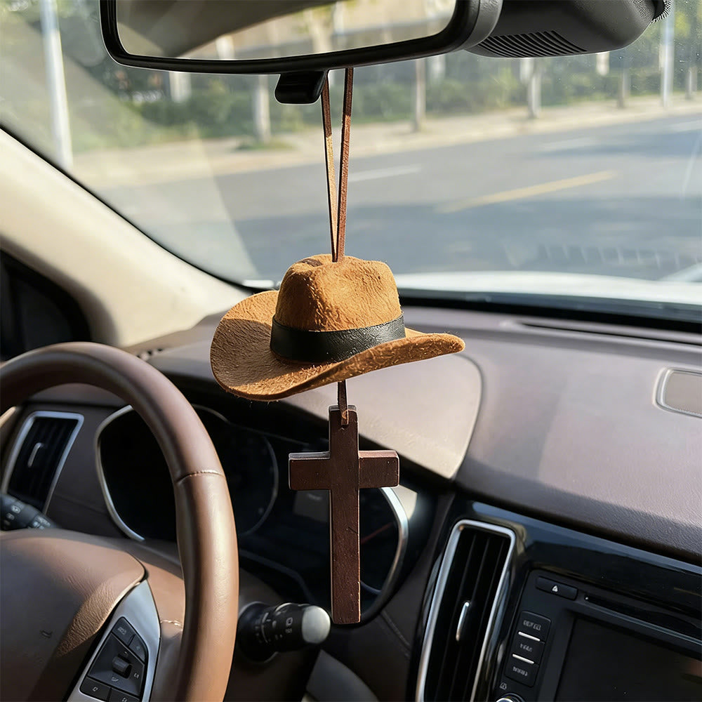 Christianartworkshop Colgante para coche con sombrero de vaquero y cruz: Fe inquebrantable para el camino abierto. - image 4