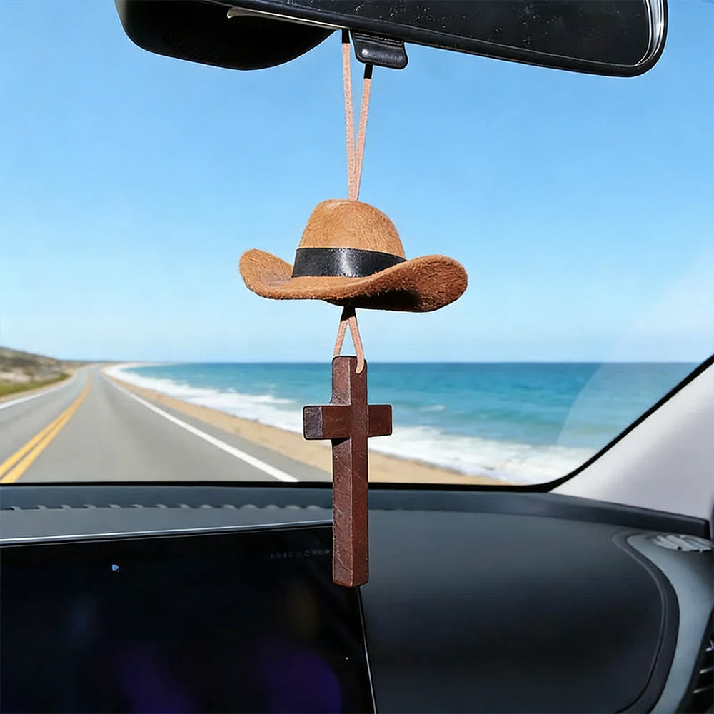 Christianartworkshop Colgante para coche con sombrero de vaquero y cruz: Fe inquebrantable para el camino abierto. - image 2