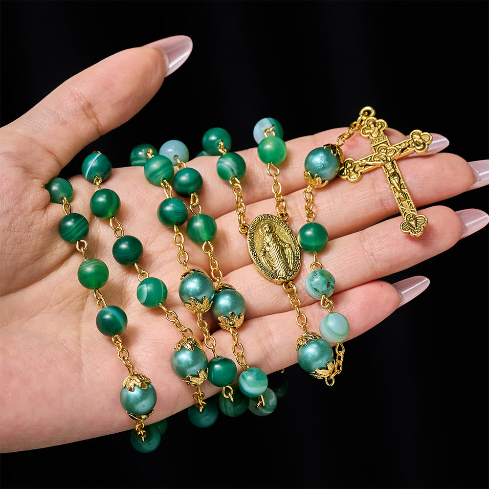 Christianartworkshop Rosario con medalla milagrosa y crucifijo de cristal verde redondo de 6 mm y cadena de aleación. - image 1