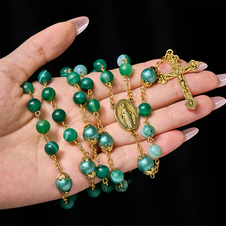 Christianartworkshop Rosario con medalla milagrosa y crucifijo de cristal verde redondo de 6 mm y cadena de aleación. - image 1