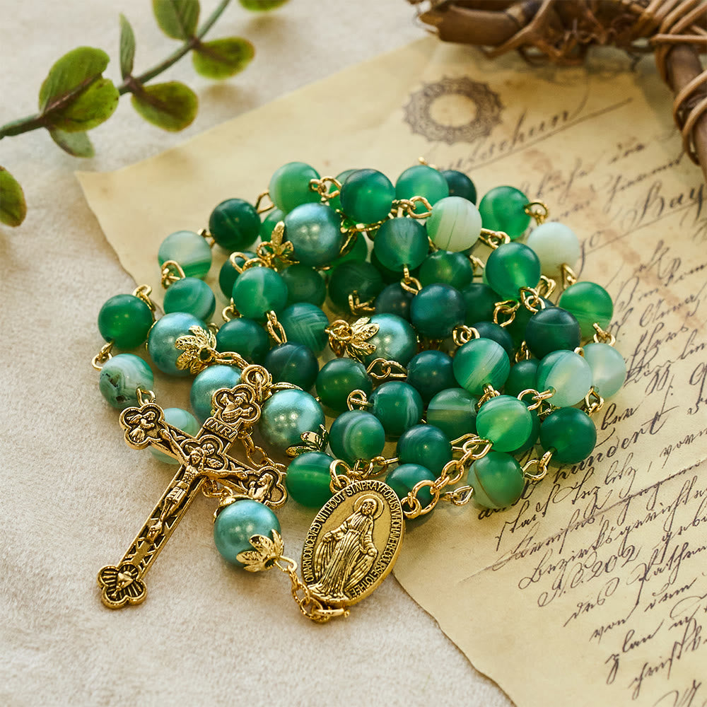 Christianartworkshop Rosario con medalla milagrosa y crucifijo de cristal verde redondo de 6 mm y cadena de aleación. - Verde - image 0