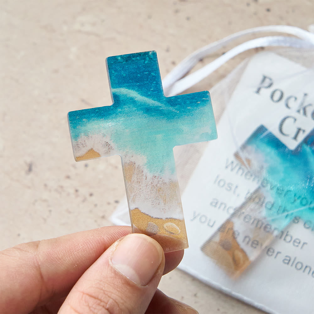 Christianartworkshop Cruz de bolsillo acrílica con escena playera: una esperanza serena para llevar a diario. - Escena de playa - image 1