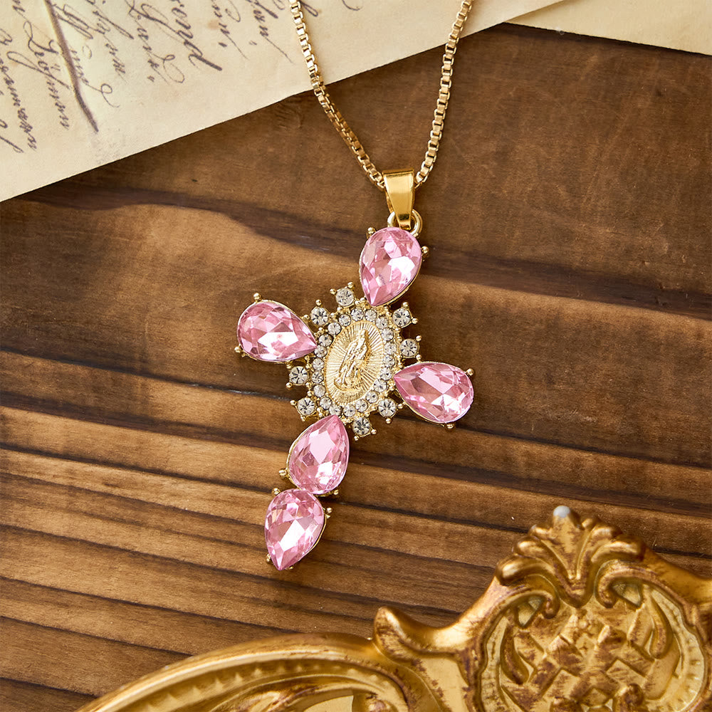 Christianartworkshop Collar luminoso con cruz de la Virgen María y circonitas: Un cálido consuelo para los corazones fieles. - Rosa - image 3