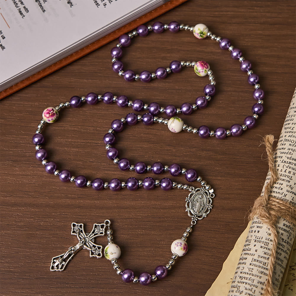 Christianartworkshop Rosario con Medalla Milagrosa y Crucifijo de Perla Redonda Multicolor de 8 mm y Cordón de Nylon - Púrpura - image 0