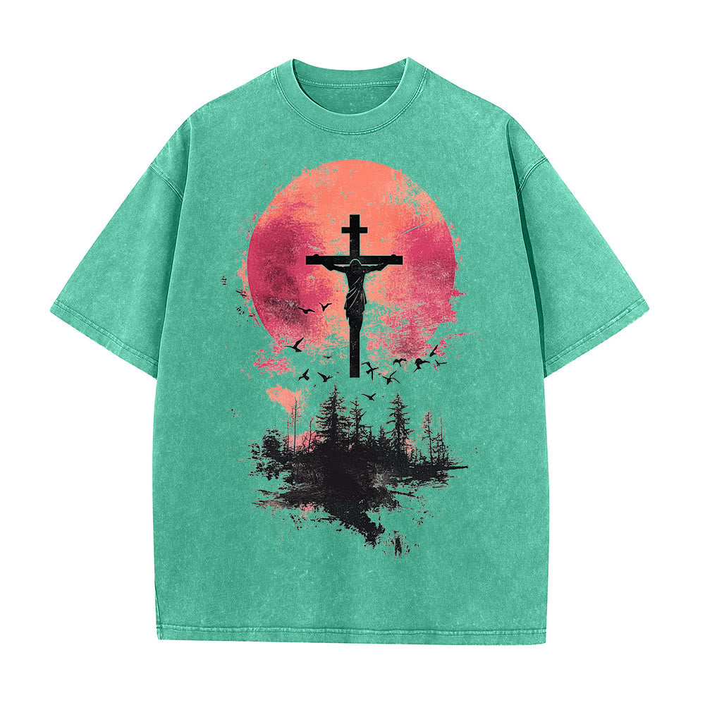 Christianartworkshop Camiseta unisex lavada con estampado de crucifijo divino sobre paisaje natural. - Verde - 5XL - image 1