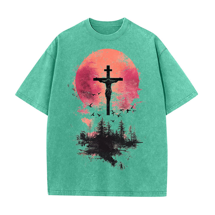 Christianartworkshop Camiseta unisex lavada con estampado de crucifijo divino sobre paisaje natural. - Verde - 5XL - image 1