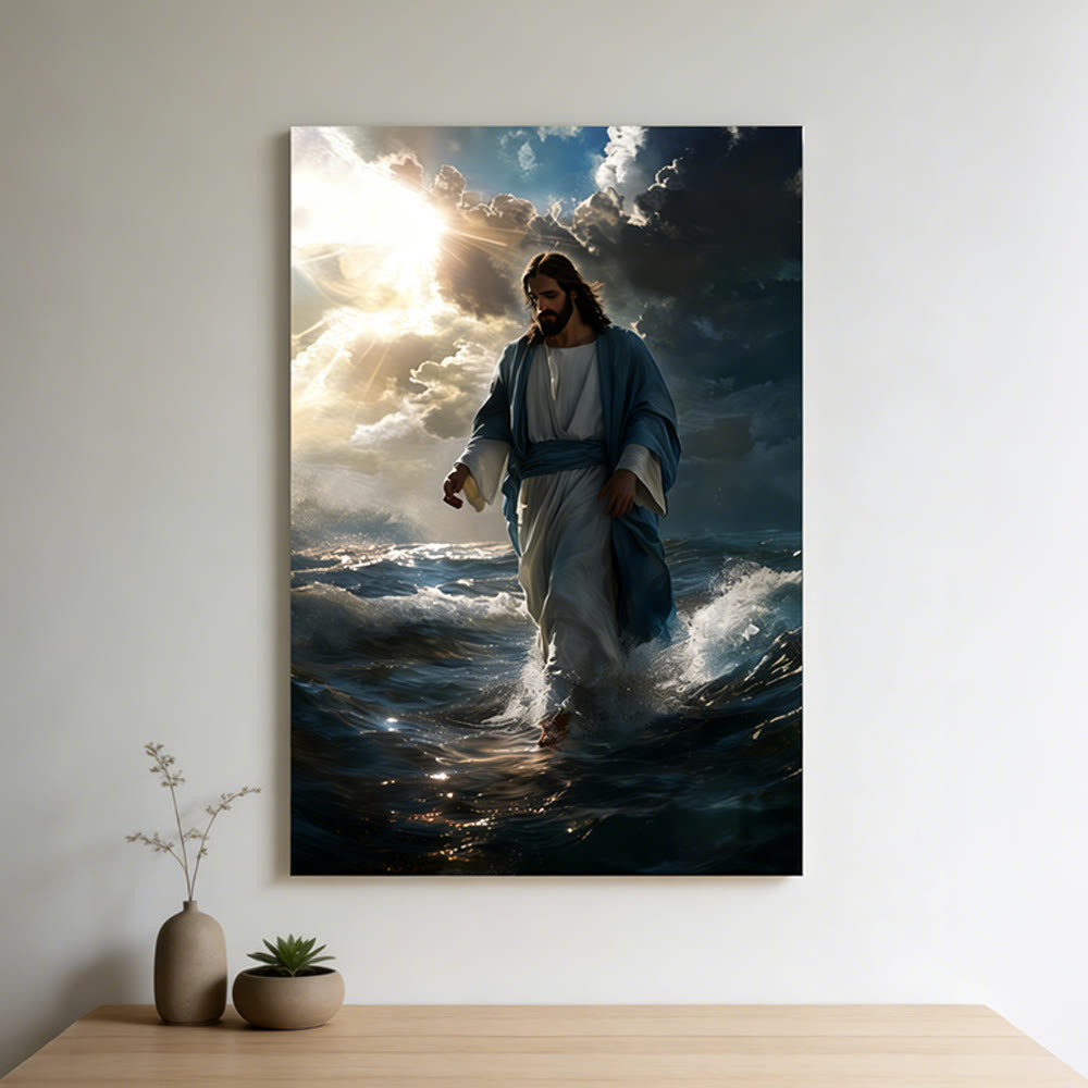 Christianartworkshop Jesús caminando sobre el agua: Calma divina y seguridad sagrada. Lámina decorativa para pared. - Cuadro en lienzo enmarcado - 13,77"*19,58"*0,7"/35*50*1,8 cm - image 0