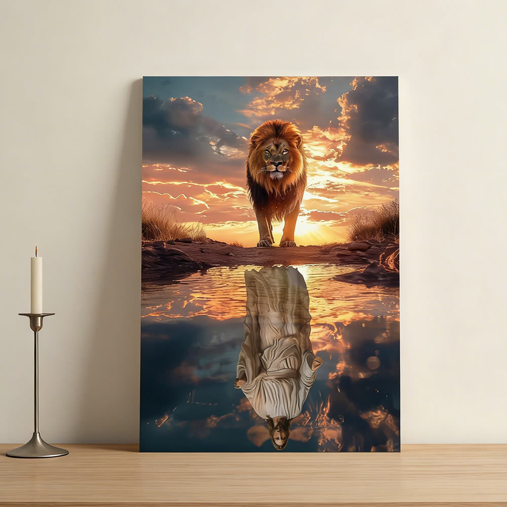 Christianartworkshop Reflexión sobre el león y Jesús: Majestad divina y humildad sagrada. Lámina decorativa para pared. - Cuadro en lienzo enmarcado - 13,77"*19,58"*0,7"/35*50*1,8 cm - image 0