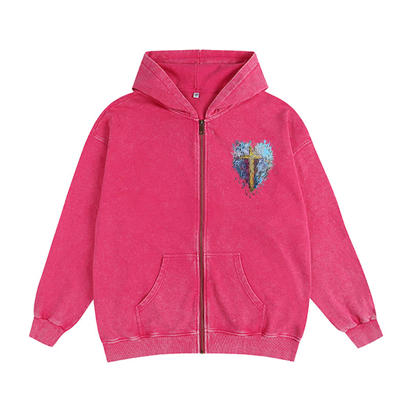 Chaqueta con capucha y cremallera con diseño de cruz artística de Christianartworkshop : un recordatorio diario de fe y belleza. - Rosa - 2XL - image 0