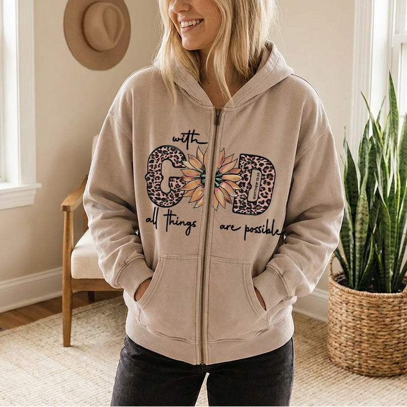 Chaqueta con capucha y cremallera con estampado de girasoles de Christianartworkshop , inspirada en Dios: un recordatorio diario de fe. - image 1