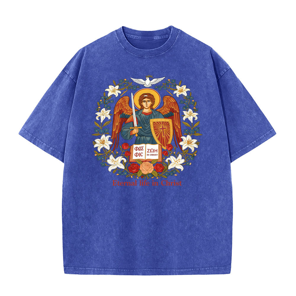 Christianartworkshop Camiseta unisex lavada con estampado de ángel y la frase "Vida eterna en Cristo". - Azul - 5XL - image 0