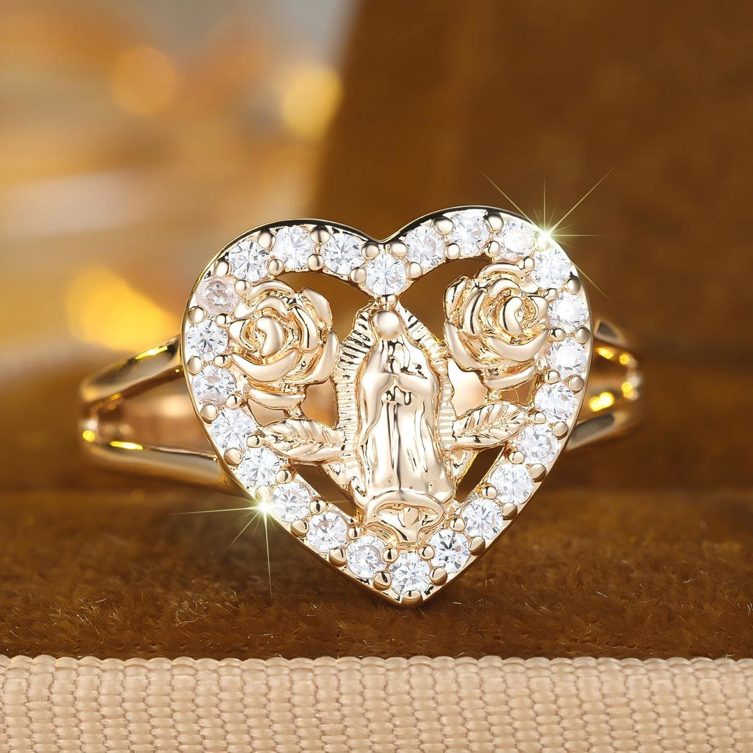 Christianartworkshop Anillo con forma de corazón y motivo de la Virgen María con detalles de rosas: Lleva su cariño contigo a diario. - US 10 - image 0