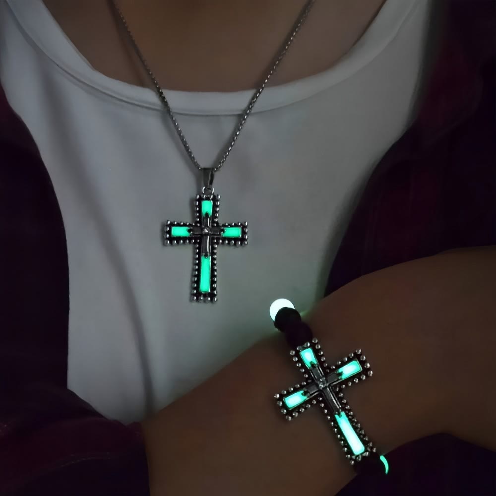 Christianartworkshop Conjunto de joyas con cruz que brilla en la oscuridad y piedra volcánica: Mantén cerca su gracia después del anochecer. - image 4