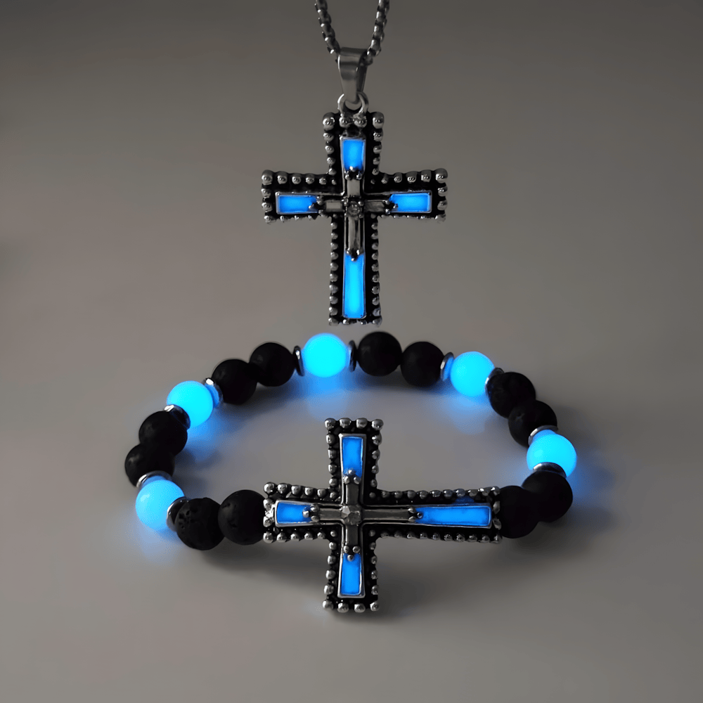 Christianartworkshop Conjunto de joyas con cruz que brilla en la oscuridad y piedra volcánica: Mantén cerca su gracia después del anochecer. - image 2