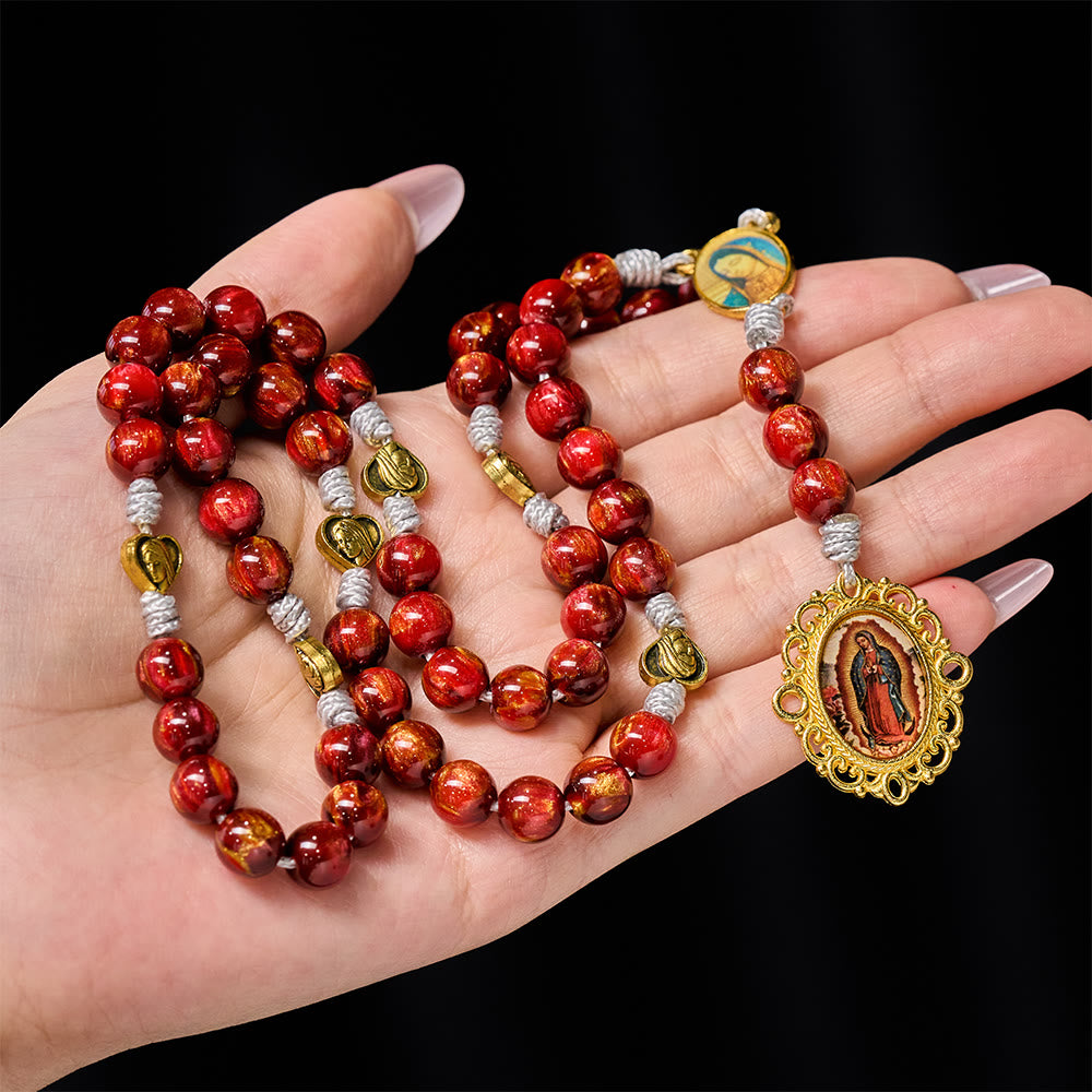 Christianartworkshop Rosario de los Siete Dolores color rojo vino espumoso con medalla dorada vintage de Nuestra Señora. - image 1