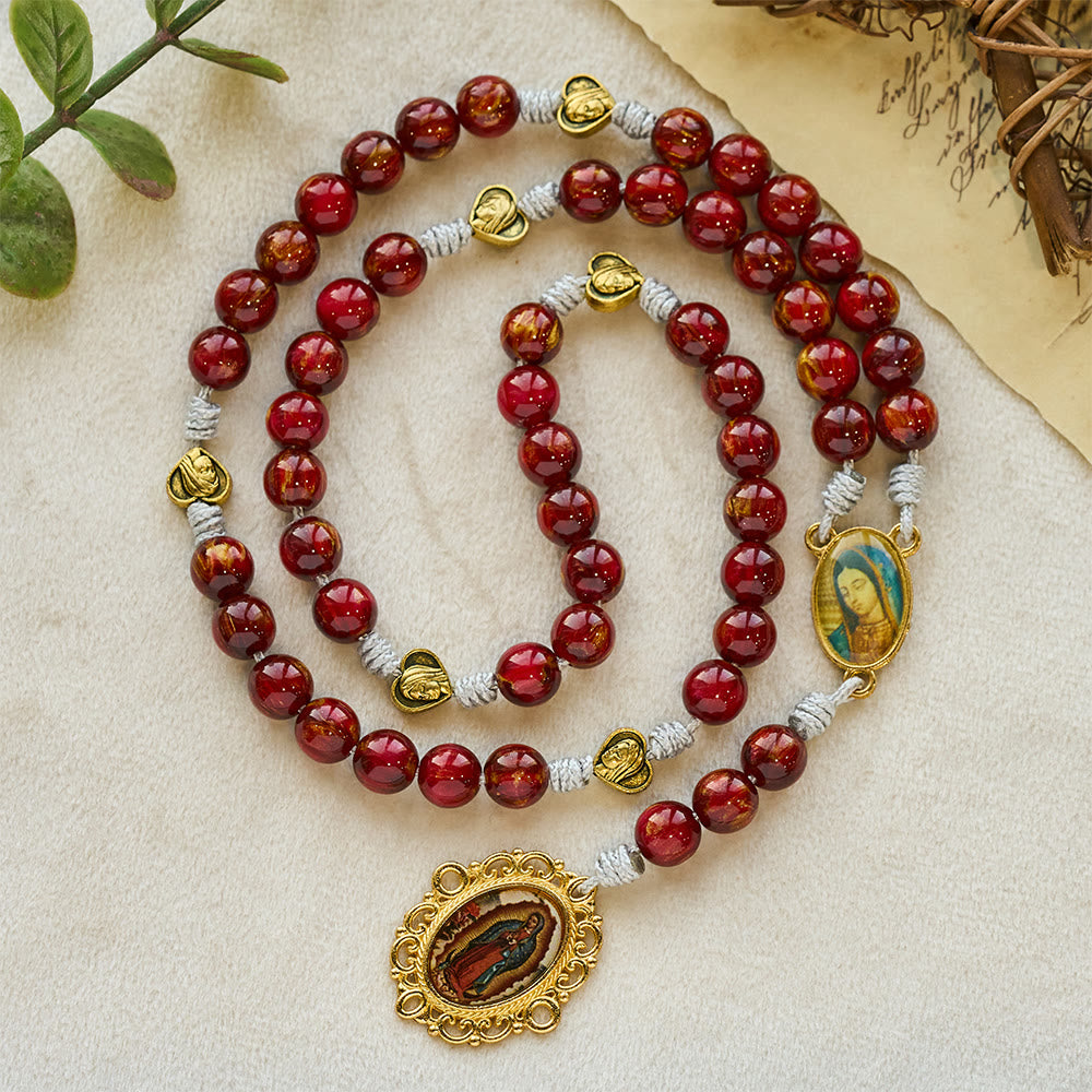 Christianartworkshop Rosario de los Siete Dolores color rojo vino espumoso con medalla dorada vintage de Nuestra Señora. - Rosario de los Siete Dolores - image 0