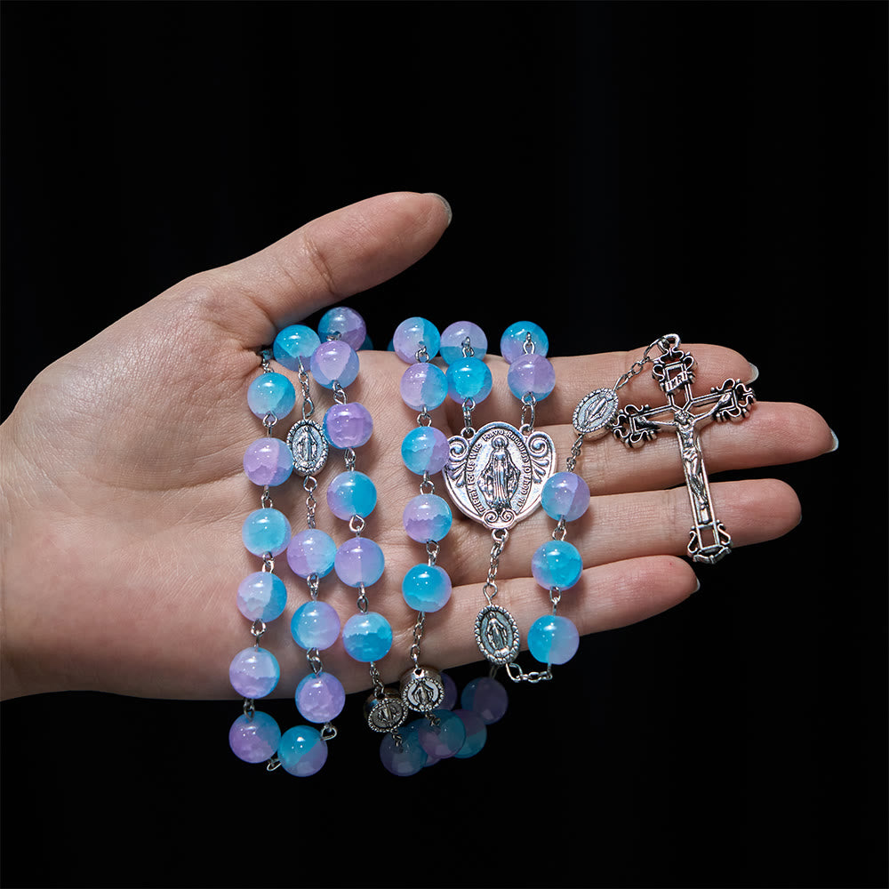 Christianartworkshop Rosario de Nuestra Señora con cuentas de vidrio azul-violeta: Encarna el amor sagrado y la devoción serena. - image 1