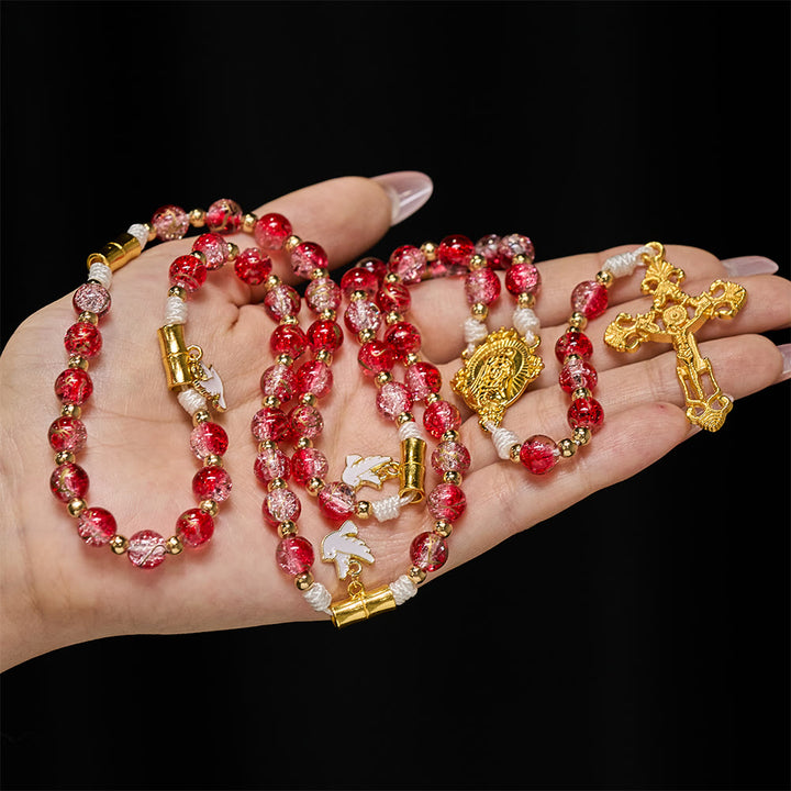 Christianartworkshop Rosario de la Virgen María con la Paloma del Espíritu Santo y Cuentas de Cristal Rojo: Encarna el Amor Sagrado y la Devoción Vibrante. - image 2
