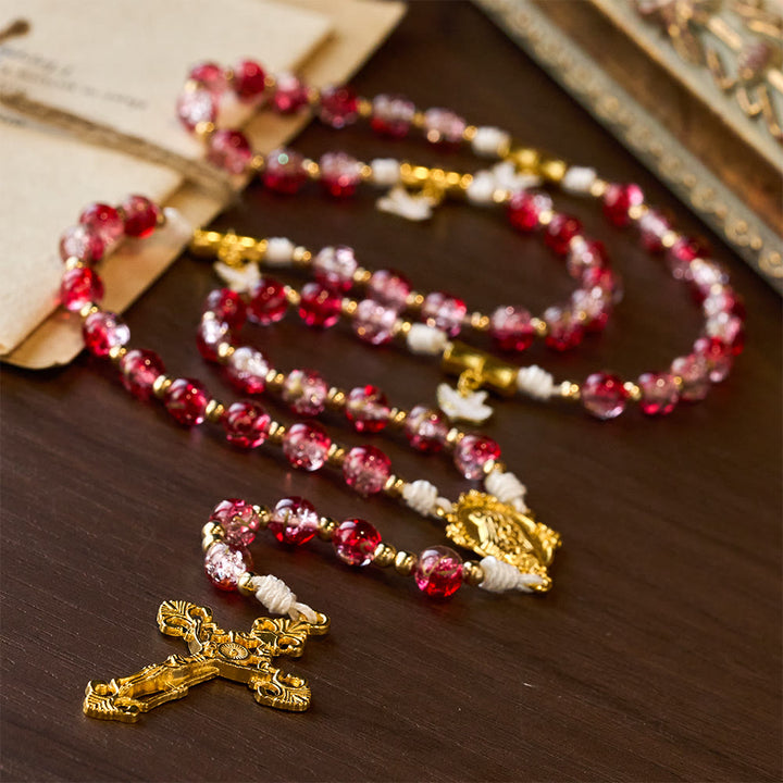 Christianartworkshop Rosario de la Virgen María con la Paloma del Espíritu Santo y Cuentas de Cristal Rojo: Encarna el Amor Sagrado y la Devoción Vibrante. - image 8