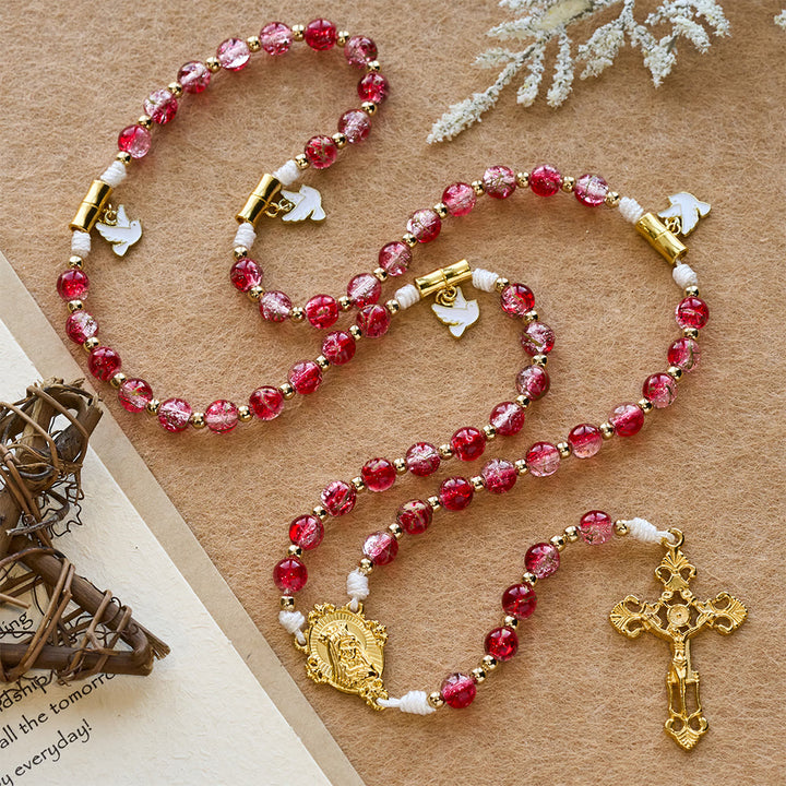 Christianartworkshop Rosario de la Virgen María con la Paloma del Espíritu Santo y Cuentas de Cristal Rojo: Encarna el Amor Sagrado y la Devoción Vibrante. - Nuestra Señora y el Crucifijo - image 0
