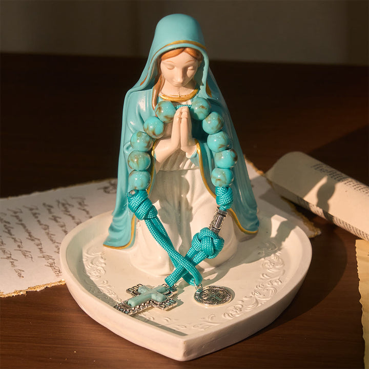 Christianartworkshop Rosario de bolsillo de cuentas acrílicas turquesas con medalla de San Benito y cruz incrustada. - image 2