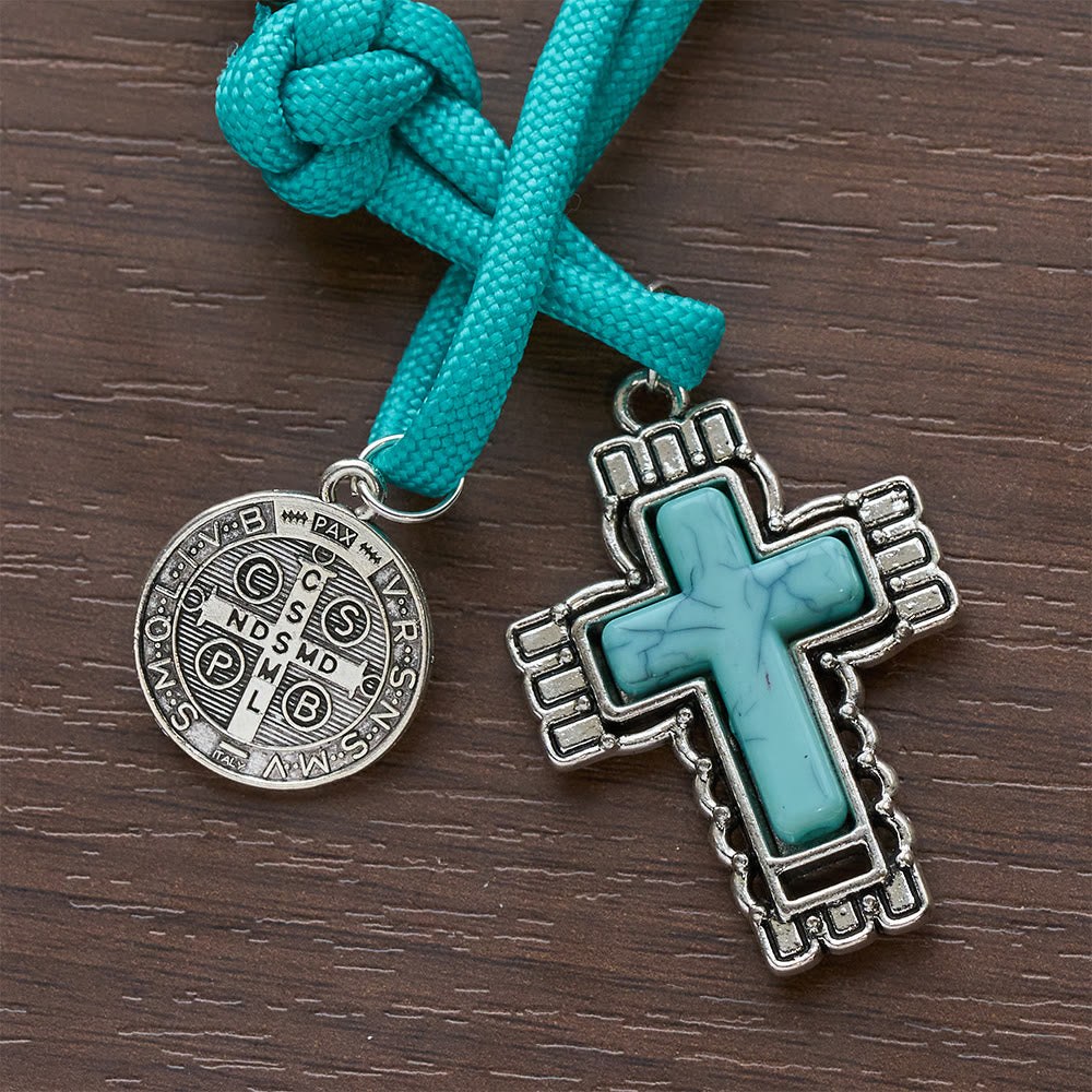 Christianartworkshop Rosario de bolsillo de cuentas acrílicas turquesas con medalla de San Benito y cruz incrustada. - image 7