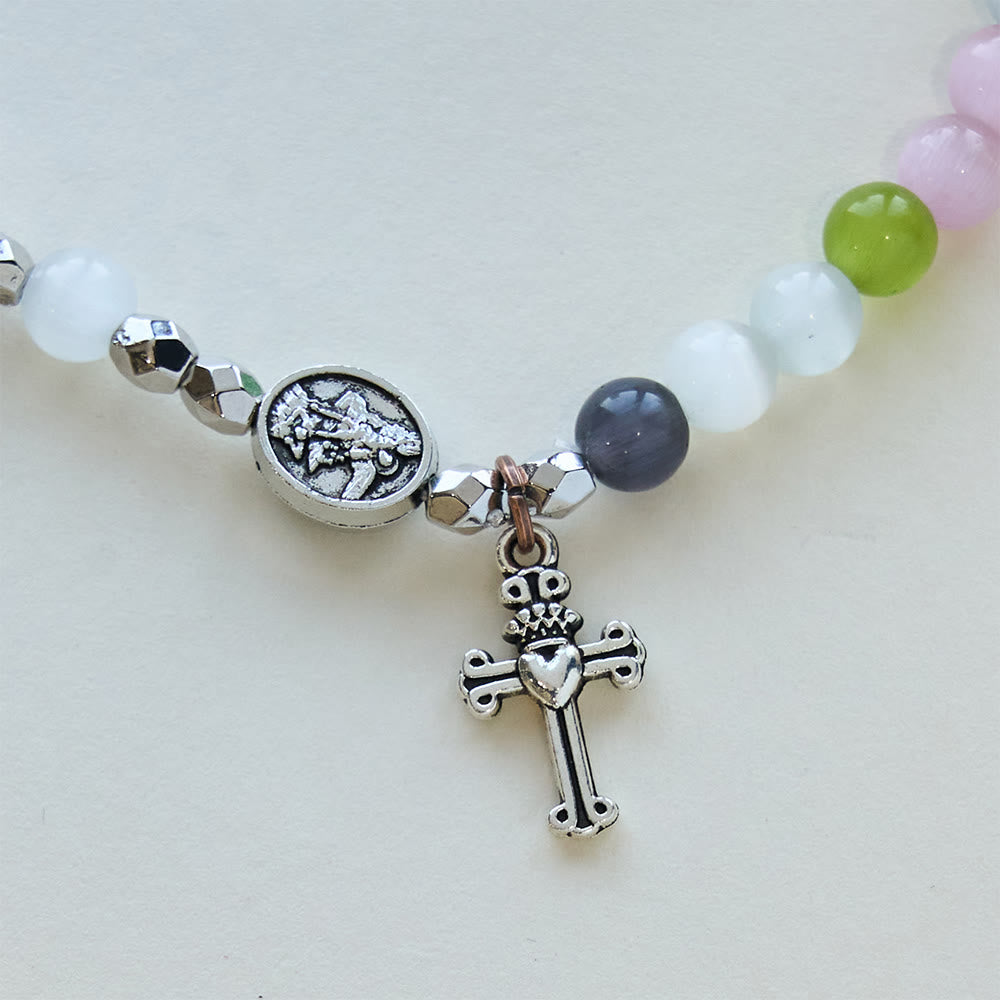 Christianartworkshop Pulsera multicolor de cuentas de ojo de gato (collar para niños) con medallas "Amo a Jesús" y del Arcángel. - image 6