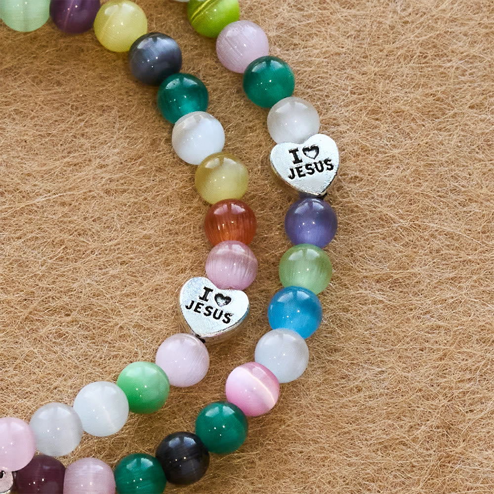 Christianartworkshop Pulsera multicolor de cuentas de ojo de gato (collar para niños) con medallas "Amo a Jesús" y del Arcángel. - image 4
