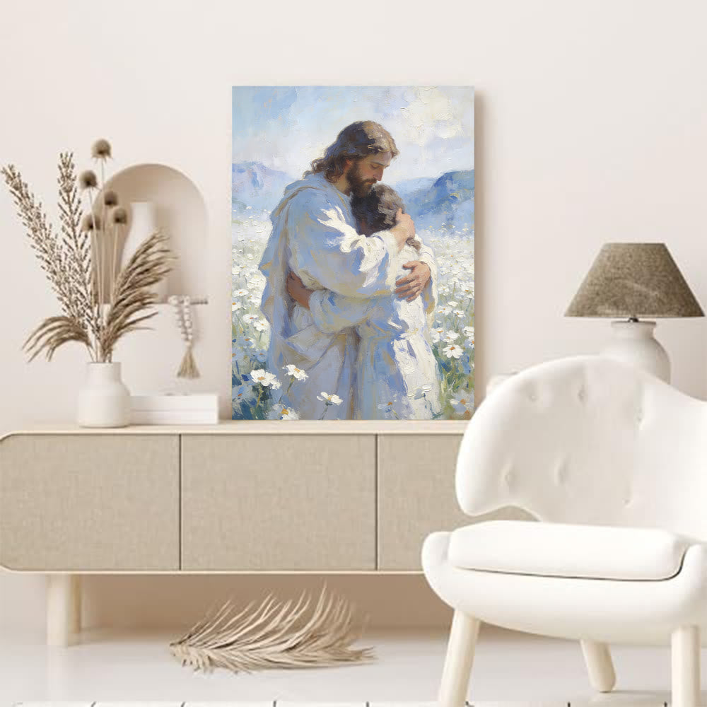 Christianartworkshop Lámina decorativa "El tierno abrazo de Jesús en un campo de flores": un recordatorio visual de su amor incondicional. - image 1