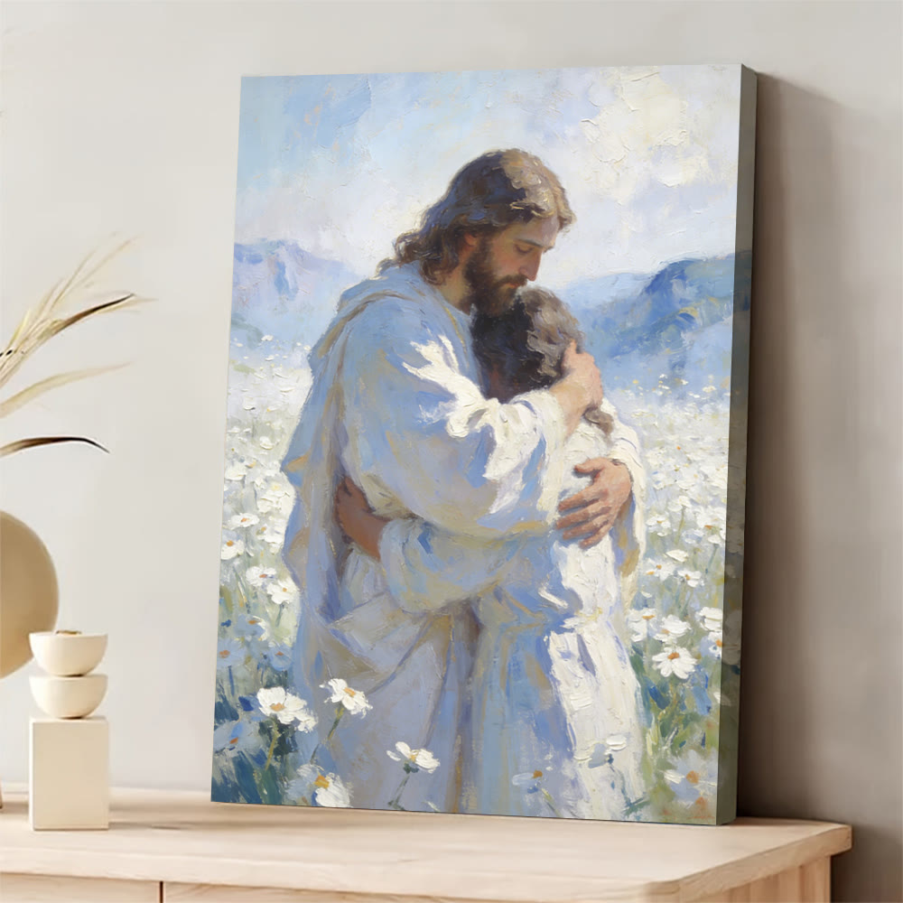 Christianartworkshop Lámina decorativa "El tierno abrazo de Jesús en un campo de flores": un recordatorio visual de su amor incondicional. - 13,77"*19,58"*0,7"/35*50*1,8 cm - Cuadro en lienzo enmarcado - image 0