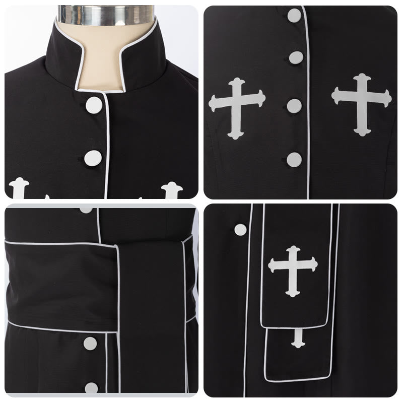 Christianartworkshop Sotana ceremonial blanca y negra con cuello alto, cinturón y motivos de cruces. - image 10