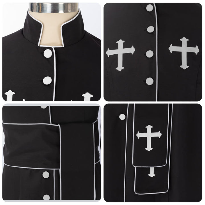 Christianartworkshop Sotana ceremonial blanca y negra con cuello alto, cinturón y motivos de cruces. - image 10