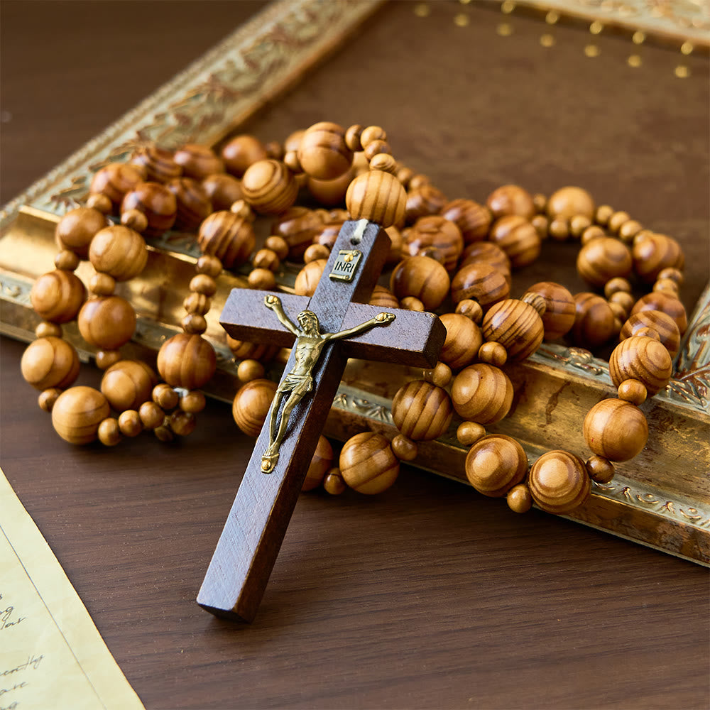Christianartworkshop Crucifijo de madera de olivo hecho a mano, rosario de oración - Camello - image 0