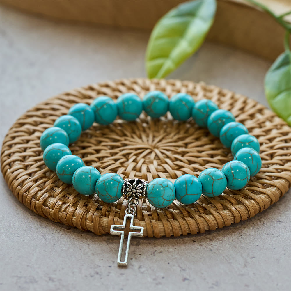 Christianartworkshop Pulsera con cruz cristiana de cuentas turquesas de 10 mm - Plata - image 1