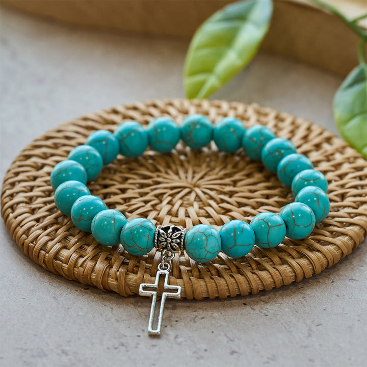Christianartworkshop Pulsera con cruz cristiana de cuentas turquesas de 10 mm - Plata - image 1