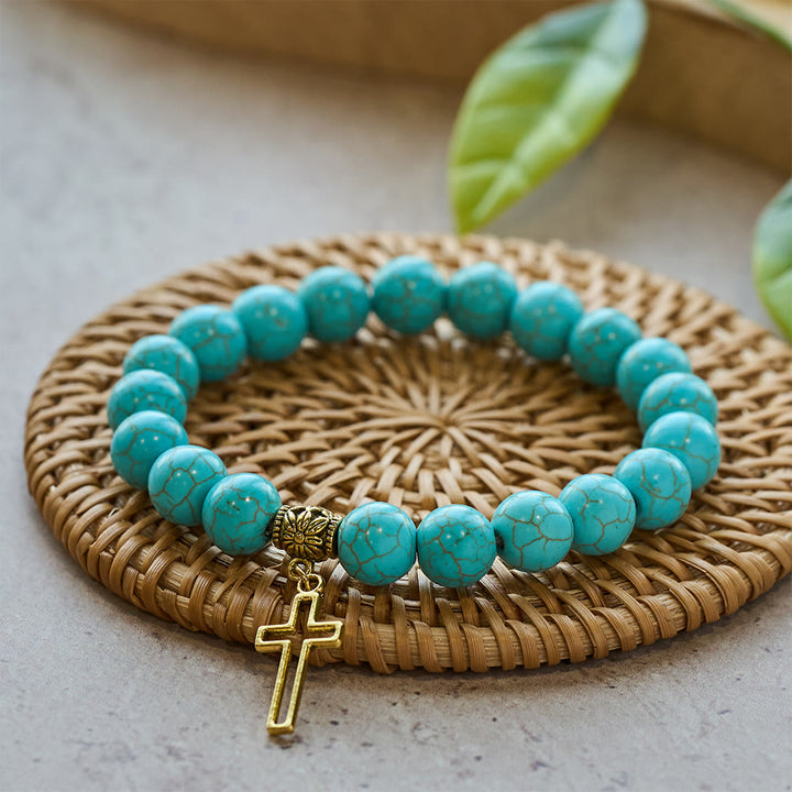 Christianartworkshop Pulsera con cruz cristiana de cuentas turquesas de 10 mm - Dorado - image 0