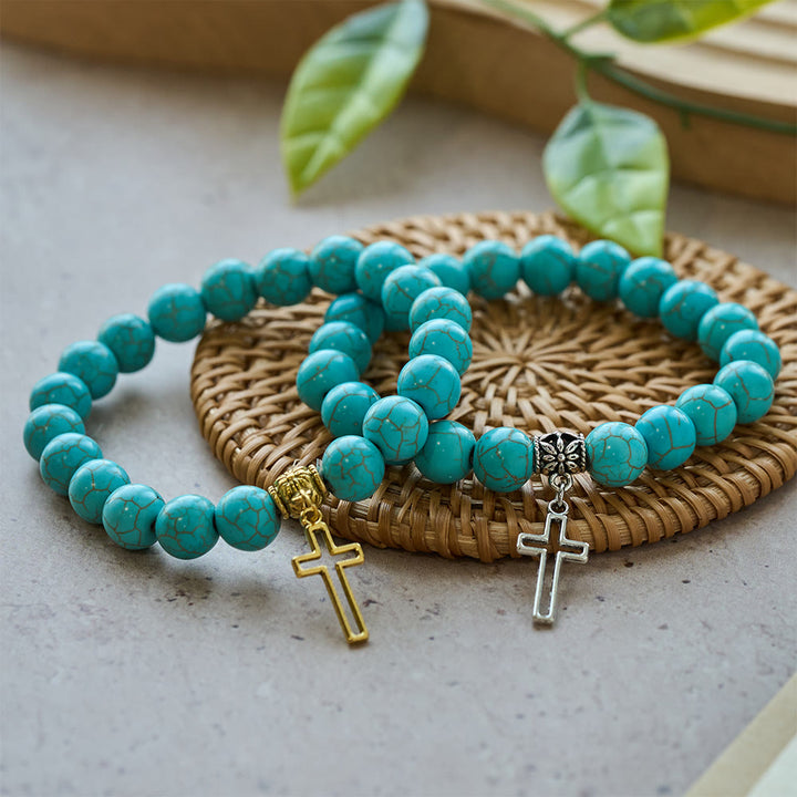 Christianartworkshop Pulsera con cruz cristiana de cuentas turquesas de 10 mm - image 2
