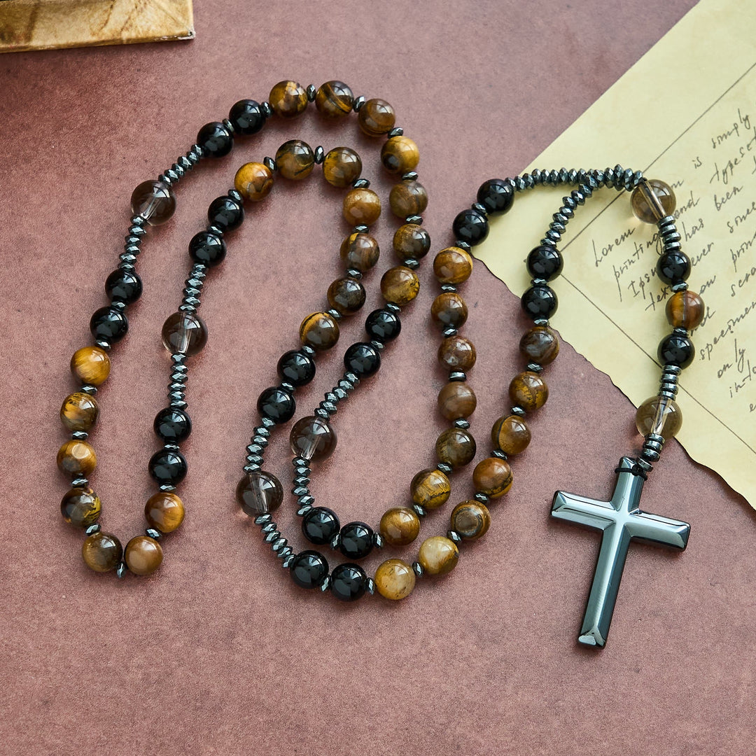 Christianartworkshop Rosario con colgante de obsidiana natural y ojo de tigre - Rosario de protección con cruz de piedra hematita - Rosario de obsidiana natural y ojo de tigre - image 0