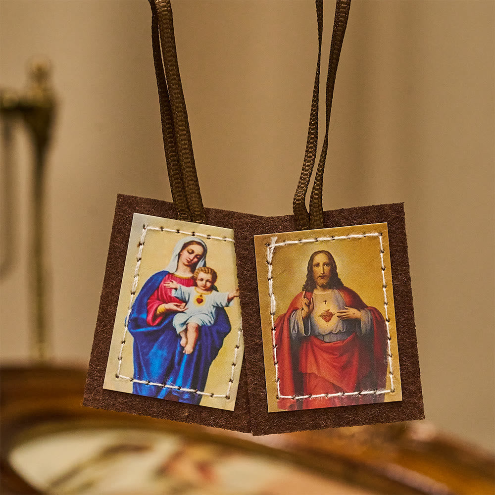 Christianartworkshop Escapulario de lana marrón bendito del Sagrado Corazón de Jesús y de la Virgen María - Escapulario - image 0