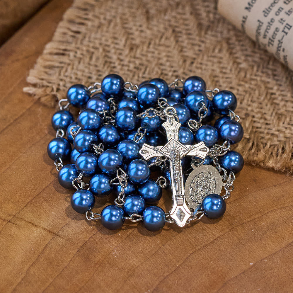 Rosario de perlas azul real con medalla de la Virgen María y crucifijo. - image 3