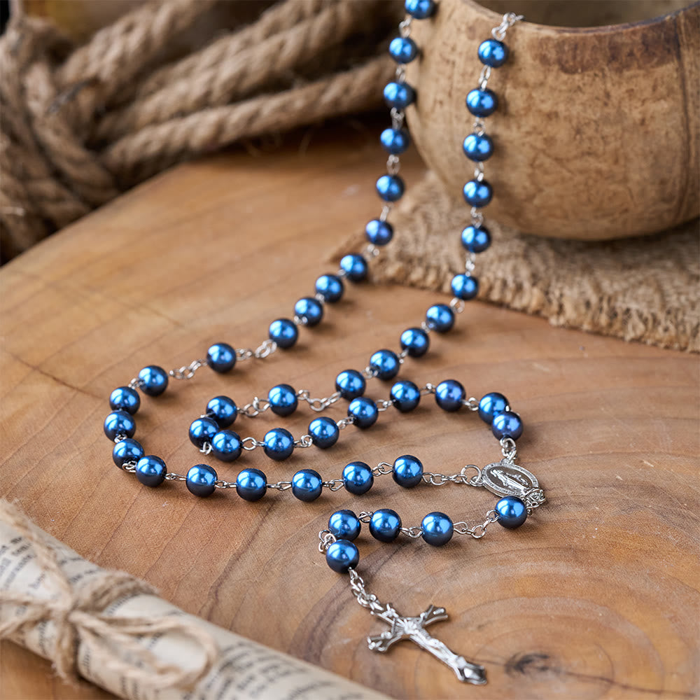 Rosario de perlas azul real con medalla de la Virgen María y crucifijo. - image 2
