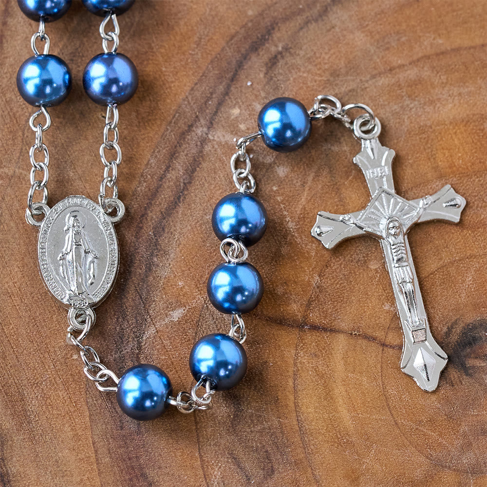 Rosario de perlas azul real con medalla de la Virgen María y crucifijo. - image 4
