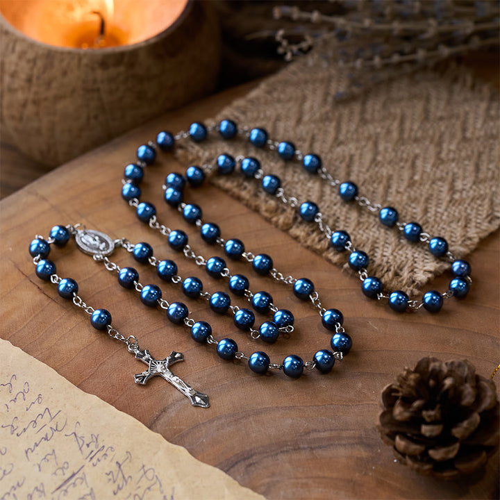 Rosario de perlas azul real con medalla de la Virgen María y crucifijo. - Azul real - image 0