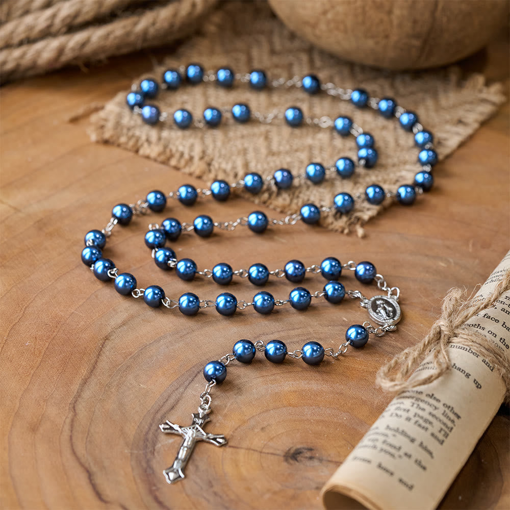 Rosario de perlas azul real con medalla de la Virgen María y crucifijo. - image 7