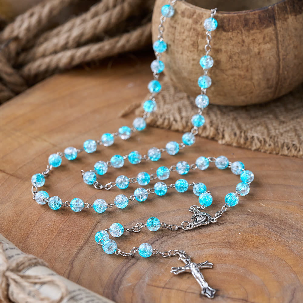 Rosario de cuentas de vidrio azul celeste con corazón de Jesús y crucifijo. - Azul cielo - image 0