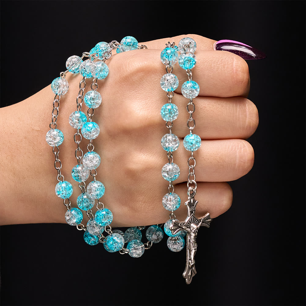 Rosario de cuentas de vidrio azul celeste con corazón de Jesús y crucifijo. - image 1