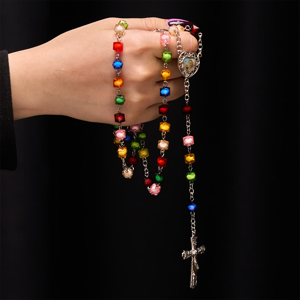 Christianartworkshop Rosario con cadena de aleación acrílica multicolor, poliedro y crucifijo de Nuestra Señora de la Paz de 8 mm - image 1