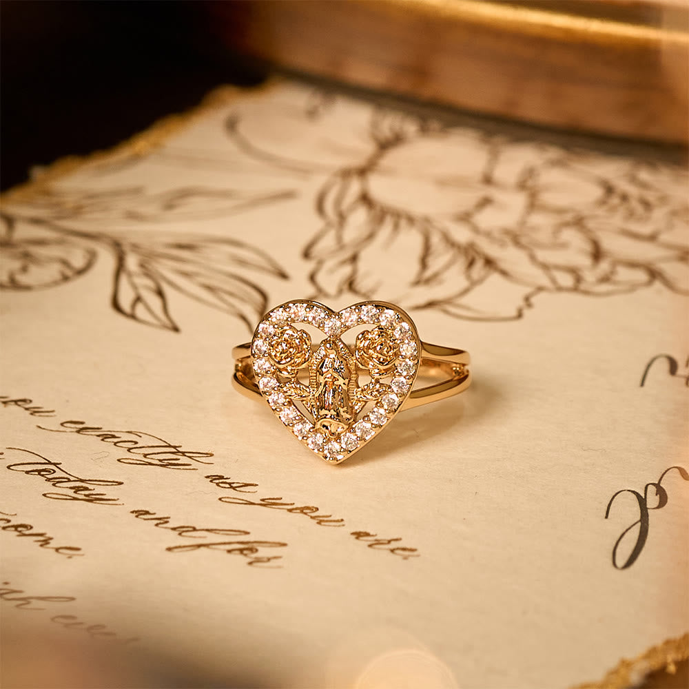 Christianartworkshop Anillo con forma de corazón y motivo de la Virgen María con detalles de rosas: Lleva su cariño contigo a diario. - image 6