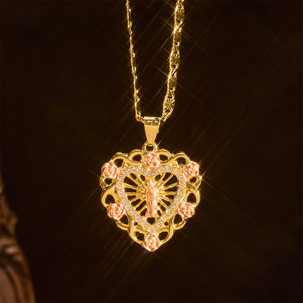 Christianartworkshop Collar con colgante de corazón de la Virgen María calado con detalle de rosa: Un recordatorio diario de su intercesión. - Nª Sª - image 0