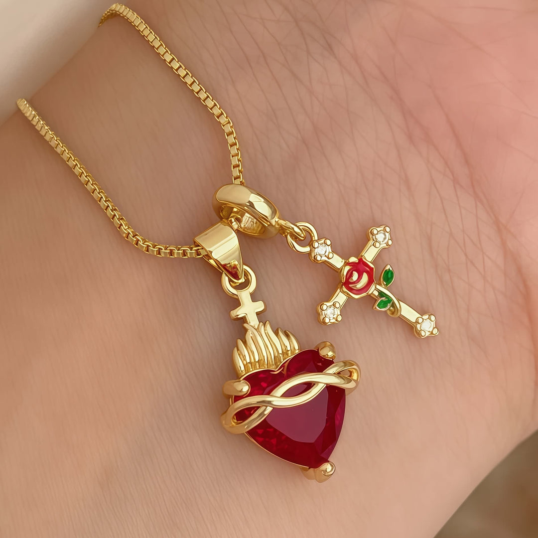 Christianartworkshop Collar con colgante de cruz del Sagrado Corazón y la Rosa: Encarna el amor divino y la gracia redentora. - Sagrado Corazón - image 0
